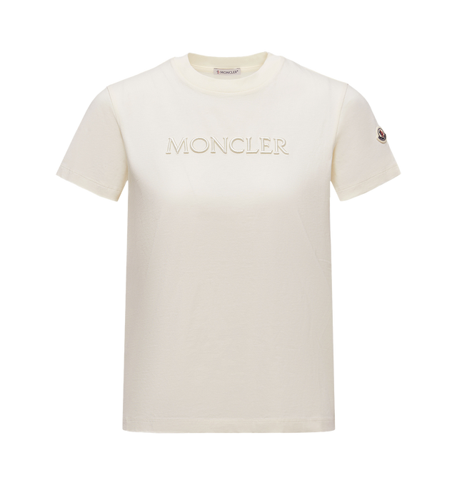 Image 1 of 1 - WHITE - MONCLER Embroidered Tonal Logo Cotton T-Shirt featuring cotton jersey, crew neck, short sleeves and embroidered logo. 100% cotton.