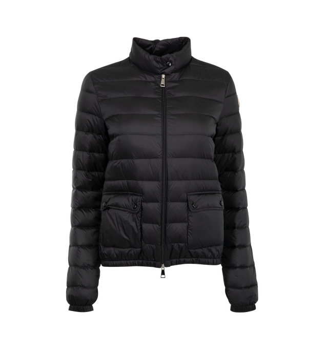 Image 1 of 2 - BLACK - MONCLER Lans Short Down Jacket featuring tech fabric with down fill, standup collar featuring snap buttons, zip-up closure, flap pockets and logo patch at sleeve. 100% polyamide/nylon. Padding: 90% down, 10% feather. Made in Armenia.