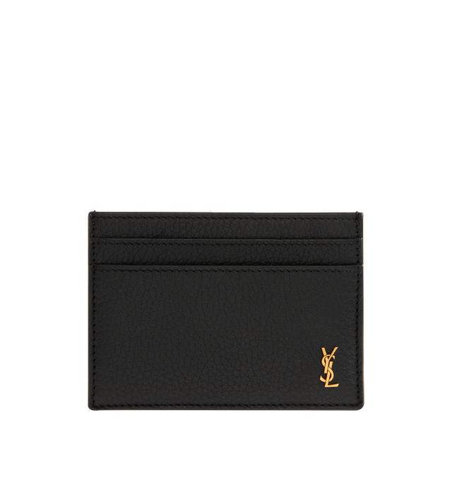 Image 1 of 3 - BLACK - SAINT LAURENT Tiny Cassandre Card Case featuring bronze-tone hardware and five card slots. 4.1" x 2.9" x 0.1". Calfskin. Made in Italy.