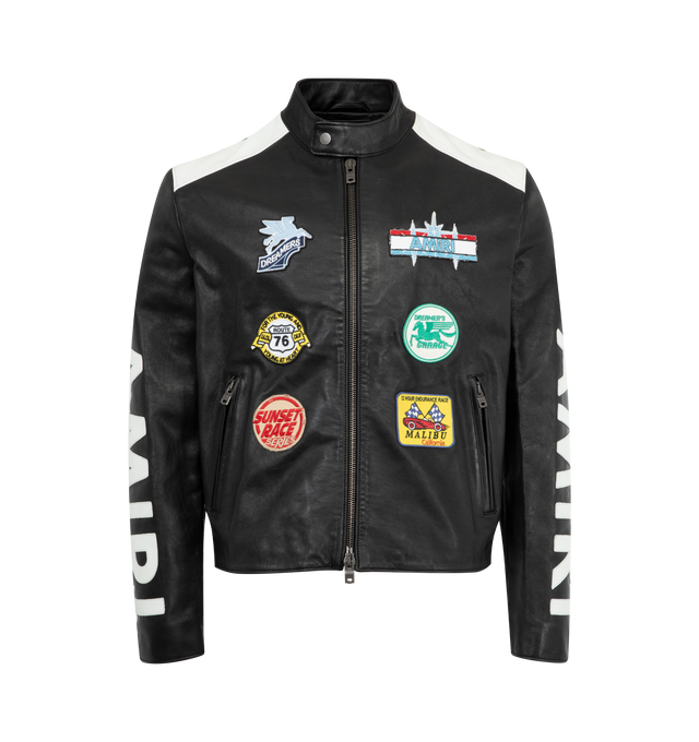 Image 1 of 3 - BLACK - AMIRI Leather Patchwork Racer Jacket featuring patchwork and logo detailing, high neckline with throat latch, long sleeves with zip cuffs, side zip pockets, classic fit and two-way zip-front. Leather. Made in Italy.