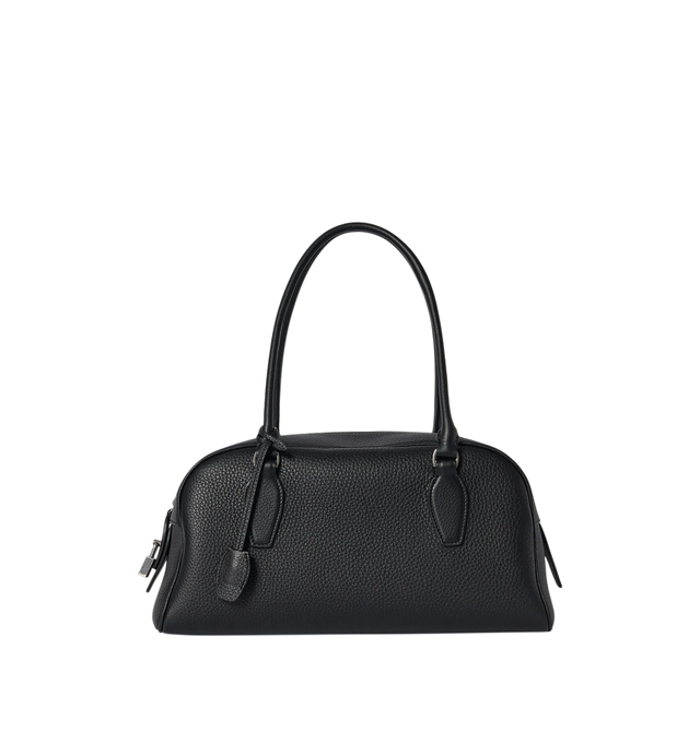 Image 1 of 3 - BLACK - THE ROW E/W India Bag featuring bowling bag in textured calfskin leather with elongated silhouette, extended tubular handles, piping, branded metal padlock and key and top zipper closure. 13.4 x 6.7 x 5.3 in. Antique silver hardware finishing. 100% calfskin leather. Lined in 100% lambskin leather. Made in Italy.