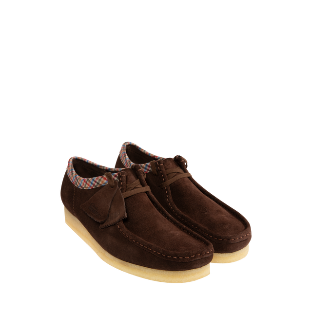 Image 2 of 4 - BROWN - CLARKS Wallabee Shoe featuring suede uppers, two FOBS Clarks Originals and Wallabee, two laces, natural pebble crepe sole, Clarks Originals logo foil embossed on sock, Harris Textile print trim on collar, moccasin construction and hand stitched apron seam.