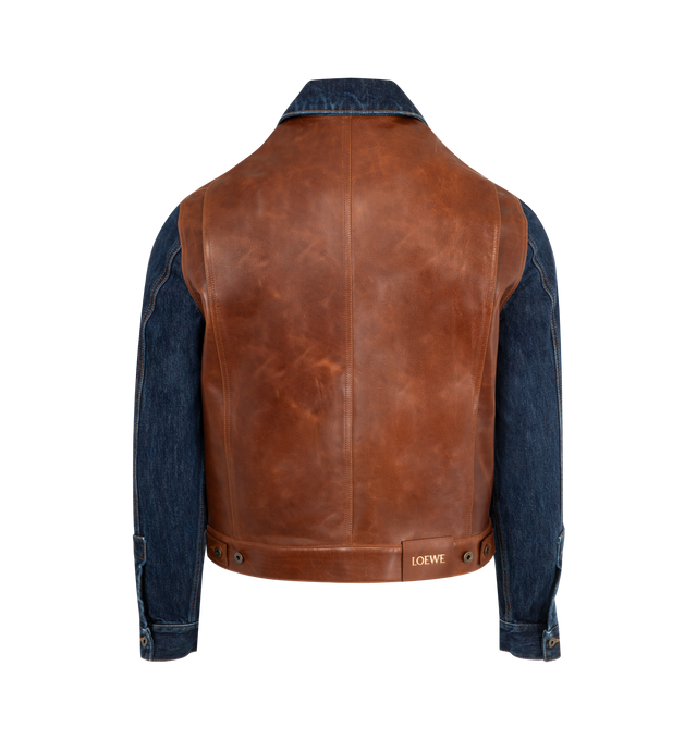 Image 2 of 3 - BLUE - Loewe Men's Jacket in medium-weight cotton denim and nappa calfskin featuring a hybrid construction, relaxed fit, regular length, classic collar, button front fastening, buttoned cuffs, chest patch pockets, welt pockets and LOEWE embossed leather patch placed at the back. Raw Denim - Cotton/Nappa. Made in Italy.