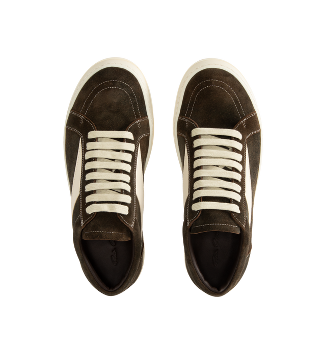 Image 5 of 5 - BROWN - RICK OWENS Vintage Sneaks in nubuck leather and suede featuring low-top, a triangular leather appliqu on the sides, contrast topstitching, flat heel, round toe, lace-up vamp, leather lining and toothed TPR outsole. Made in Italy.