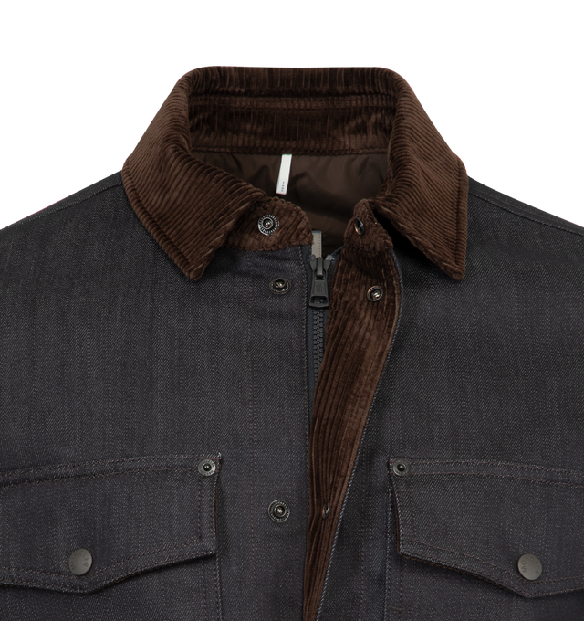 Image 5 of 5 - BLUE - MONCLER Denim Corduroy-Trimmed Shirt Jacket featuring comfort denim, rainwear lining, corduroy collar, long sleeves, zipper and snap button closure, chest pocket with snap button and zipper closure and adjustable cuffs. 75% cotton, 24% polyester, 1% elastane/spandex. Lining: 100% polyamide/nylon. 100% cotton.
