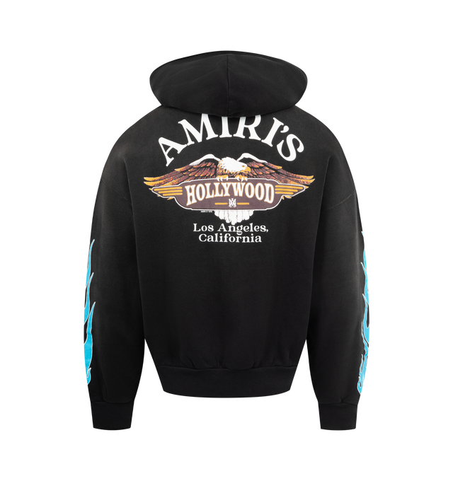 Image 2 of 3 - BLACK - AMIRI MA Flames Zip Hoodie featuring front zip closure, attached hood, front slant pockets, front and back printed logo, intentional fading and heavyweight knit fabric with fleece lining. 100% cotton. Made in Italy.