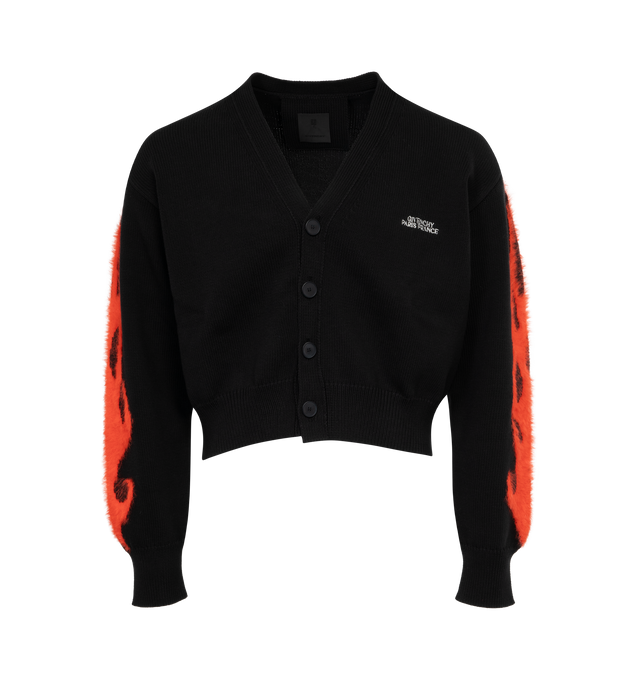 Image 1 of 2 - BLACK - GIVENCHY V-Neck Cardigan featuring rib knit neck, hem, and cuffs, button closure, logo at chest and flame sleeves. 100% wool. Made in Italy. 