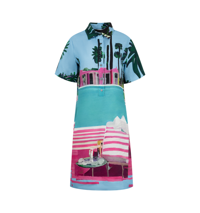 Image 1 of 3 - MULTI - LIBERTINE Poolside Preppy Dress featuring slim fit, front button closure, short sleeves, collar and graphic throughout. 56% cotton, 44% linen. Made in USA.