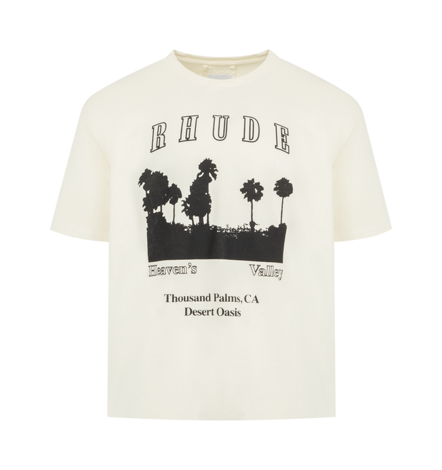 Image 1 of 2 - WHITE - RHUDE Thousand Palms T-shirt featuring graphic print on front, jersey cotton, crewneck, short sleeves and pulls over. 100% cotton. Made in USA.