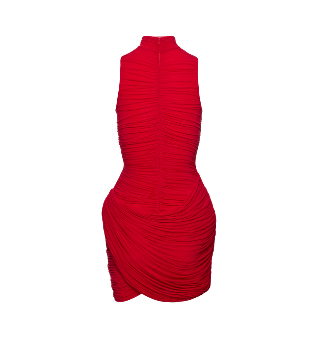 Image 3 of 3 - RED - MAGDA BUTRYM Ruched Jersey Mini Dress featuring exaggerated hip silhouette, ruching throughout, fully lined, hidden back zip closure and lightweight jersey fabric. 92% cupro, 8% elastane. Made in Poland.