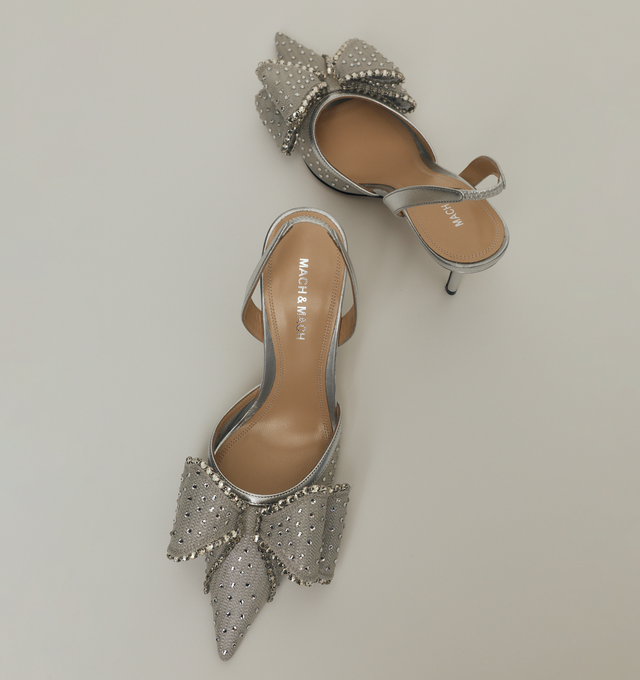 Image 2 of 5 - SILVER - MACH & MACH Le Cadeau Crystal Mesh Slingback featuring an elasticated slingback strap, a high stiletto heel, crystal embellishments and bow detailing. The heel height measures 85mm. Made in Italy.