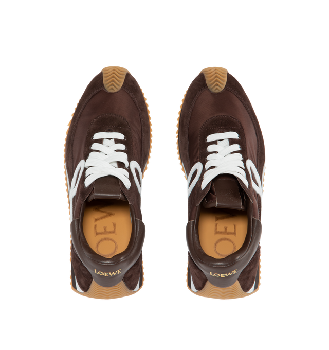 Image 5 of 5 - BROWN - Loewe Flow lace-up runner in  suede calfskin and nylon, featuring an L monogram on the quarter. The textured honey-coloured rubber outsole extends to the toe-cap and on to the back of the heel. Gold embossed LOEWE logo on the backtab. Made in: Italy. 