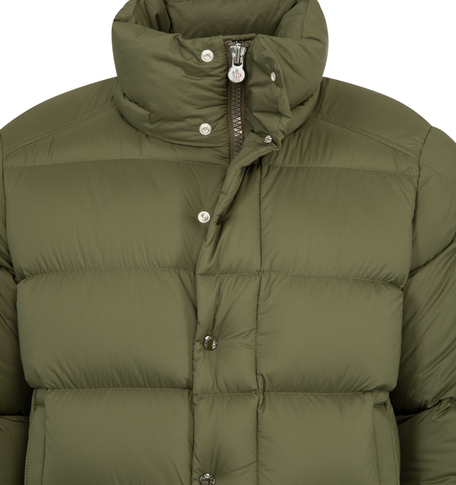 Image 4 of 5 - GREEN - MONCLER Vezere Short Down Jacket featuring recycled longue saison, nylon lger brillant lining, down-filled, detachable and adjustable hood, zipper and snap button closure, zipped pockets, patch pocket on the sleeve, adjustable cuffs and hem with drawstring fastening. 100% polyamide/nylon. Padding: 90% down, 10% feather.