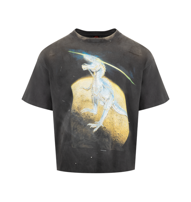 Image 1 of 2 - BLACK - ST MICHAEL SRYM T-Rex T-Shirt featuring vintage treatment, crew neck, short sleeves and graphic on front and back. 100% cotton. Made in Japan.
