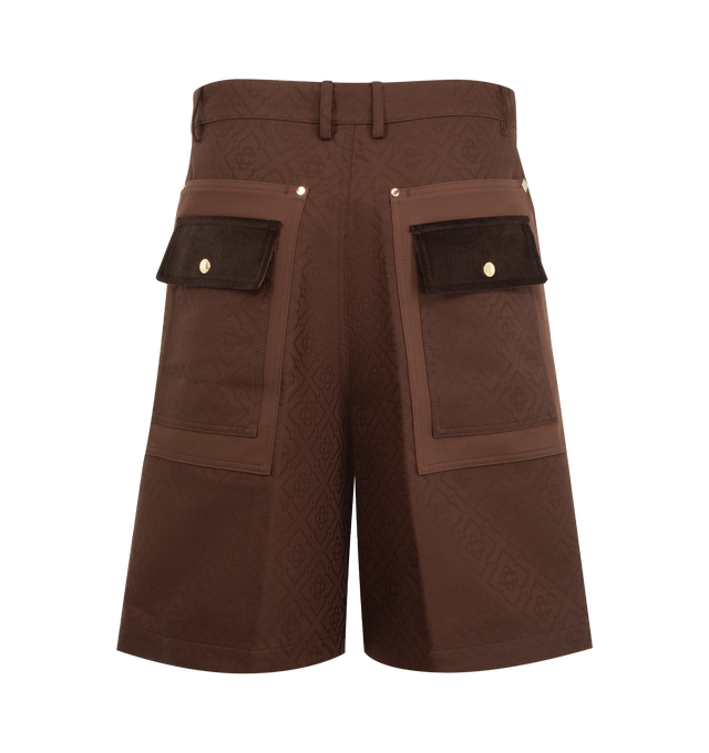 Image 2 of 3 - BROWN - CASABLANCA Monogram Cargo Shorts featuring monogram pattern, cargo pockets, zip fastening, belt loops, two side slash pockets, two rear flap pockets and silver-tone hardware. 100% cotton. Made in Italy.