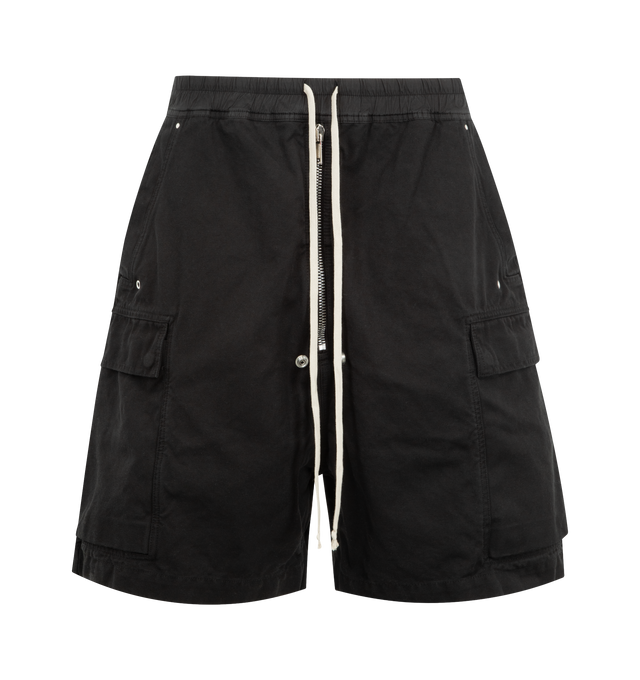 Image 1 of 3 - BLACK - DRKSHDW Cargobela Shorts featuring cargo shorts, overdyed, coated, drawstring at elasticized waistband, four-pocket styling, exposed zip fly, studs, rivets, and grommets at front and cargo pocket at legs. 100% cotton. Made in Italy.