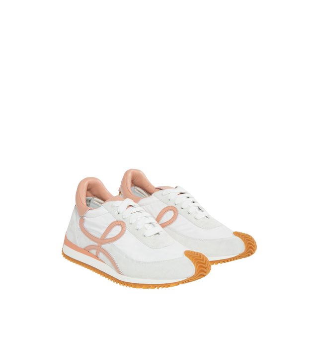 Image 2 of 5 - WHITE - Loewe Flow lace-up runner in  suede calfskin and nylon, featuring an L monogram on the quarter. The textured honey-coloured rubber outsole extends to the toe-cap and on to the back of the heel. Gold embossed LOEWE logo on the backtab. Made in: Italy. 