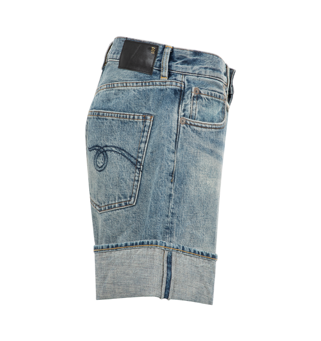 Image 3 of 3 - BLUE - R13 Nina Short featuring relaxed-fit, faded, subtly distressed nonstretch denim, zip fly with button closure, five-pocket style and cuffed hem. 100% cotton.