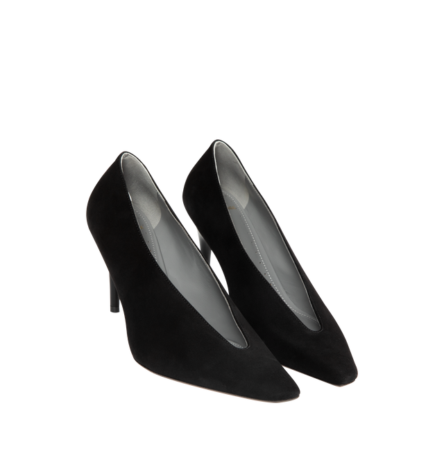 Image 2 of 4 - BLACK - BALENCIAGA Duchesse Pump 90mm featuring suede goatskin, asymmetrical pointed toe, deep v neck vamp, 90mm arch, Balenciaga Paris logo on the insole, small gold perforations on the edges of the insole, two golden studs on the outsole, semi-glossy tone-on-tone heel and beige suede-like sole. Upper: goatskin. Sole: calfskin. Insole: sheepskin. Made in Italy.