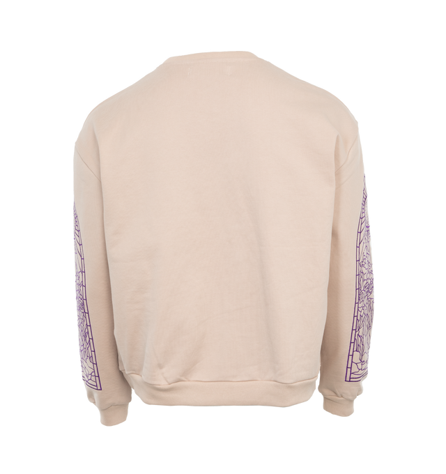 Image 2 of 4 - PINK - WHO DECIDES WAR Gift Sweatshirt featuring french terry, rib knit crewneck, hem, and cuffs, embroidered graphic patch at front, dropped shoulders and logo graphic embroidered at sleeves. 100% cotton. Made in China. 