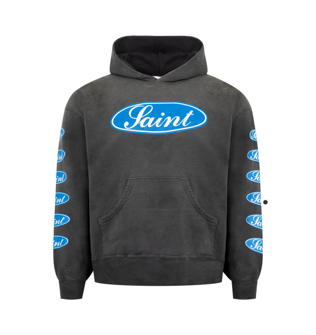 Image 1 of 3 - BLACK - SAINT MICHAEL Love Among Hoodie featuring fixed hood, graphic printed on front, back and sleeves, ribbed cuffs and hem and front pocket. 100% cotton.