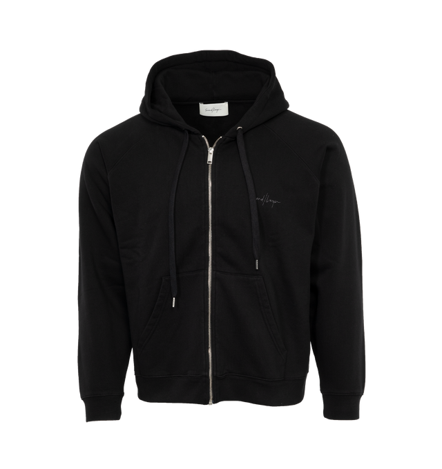 Image 1 of 3 - BLACK - SECOND LAYER Core Zip-Up Hoodie featuring zip fastening, hood with drawstring, front pouch pockets and logo on chest. 100% cotton. 