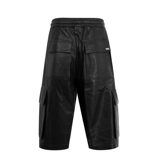 Image 2 of 3 - BLACK - NAHMIAS Leather Pleated Cargo Shorts featuring drawstring waist with button closure, cargo pockets, pleated front and satin finished poly lining. 100% leather.