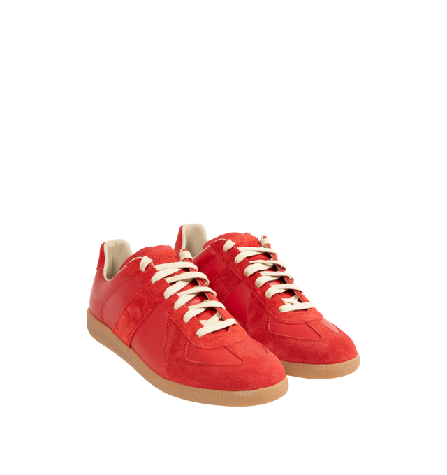 Image 2 of 5 - RED - Maison Margiela Replica Sneakers featuring lace-up sneakers in buffed nappa calfskin and calfskin suede, contrasting sole, Maison Margiela logo label on the tab, internal Replica label, internal elastic and all-over Maison Margiela logo insole. 100% calf leather. Sole: 100% rubber. Made in Italy.