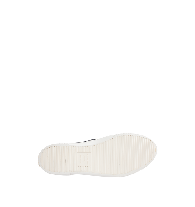 Image 4 of 5 - NAVY - THOM BROWNE Suede Heritage Trainer featuring lace up closure, rubber sole, leather lining and signature striped grosgrain loop tabs. Suede leather. Made in Italy.