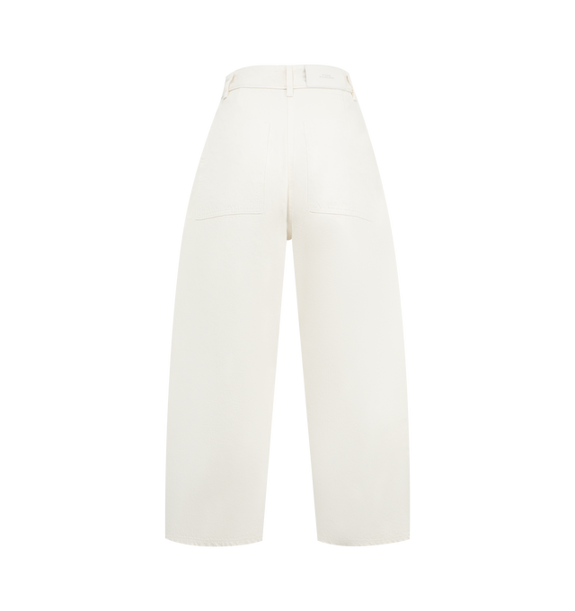Image 2 of 3 - WHITE - Studio Nicholson Chalco Denim Pants are cut wide and cropped, with a curved leg and dropped crotch, constructed from a recycled denim thats been garment dyed for a soft, easy-wearing finish. Featuring button waist, belt loops, side slash pockets and back patch pockets. 71% Cotton, 16% Reused Cotton, 13% Recycled Polyester.