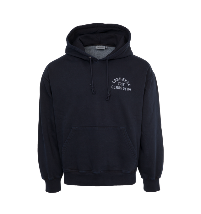 Image 1 of 4 - NAVY - CARHARTT WIP Hooded Class of 89 Sweatshirt featuring loose fit, pigment-dyed, adjustable hood, kangaroo pocket and ribbed cuffs and hem. 84% cotton, 16% polyester. 