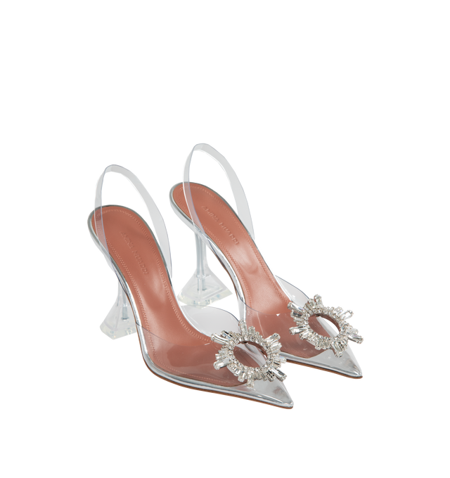 Image 2 of 4 - NEUTRAL - AMINA MUADDI Begum Glass Sling Shoes have a kick flare, covered pedestal heel, crystal-embellished accent and slingback strap with elastic insert. PVC outer material. Leather lining and sole. Made in Italy.  