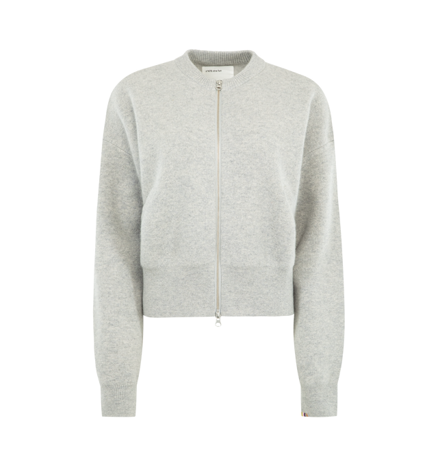 Image 1 of 2 - GREY - EXTREME CASHMERE Xtra Fun Cardigan featuring a classic crew neck, jacquard knit, a cropped bomber fit, two-way full-length zipper and two side pockets. 100% cashmere.