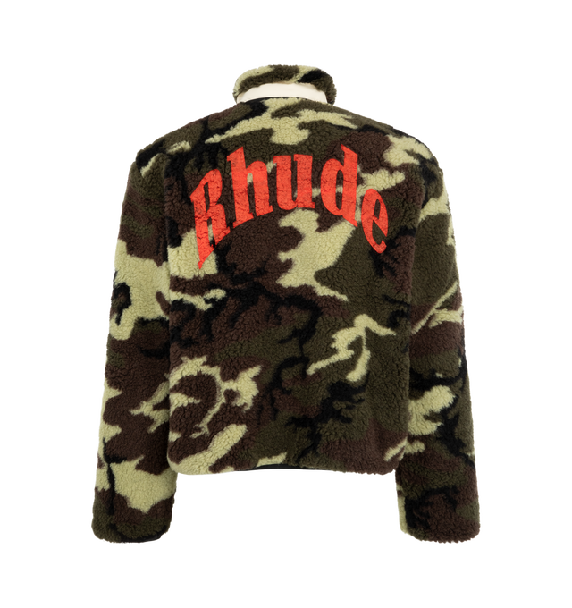 Image 2 of 3 - GREEN - Rhude Men's Parilla Camouflage Wool-Blend Fleece Jacket is crafted from camouflage-patterned wool-blend fleece and features a stand collar with a zip-front silhouette. Designed with a logo motif at the front and back, a chest zip pocket, welt pockets, elasticized cuffs, and an adjustable drawstring hem for a functional yet elevated finish. Main Material: 74% Wool, 26% Polyester. Lining: 100% Polyester.
