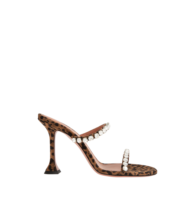 Image 1 of 4 - BROWN - AMINA MUADDI Gigi Slipper 95 Leopard Printed featuring 95mm mini CL heel, crystal strap and rounded toe. Upper: 100% calf leather. Lining: 100% goatskin. Sole: 90% calf leather, 10% TPU. Made in Italy.