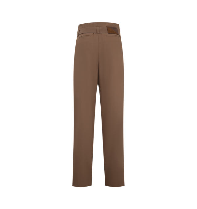 Image 2 of 3 - BROWN - Loewe Women's Trousers are crafted from lightweight cotton utility and feature an asymmetric draped front with a detachable leather-backed buckle belt. Designed with a relaxed, wide-leg silhouette, they are finished with a mid waist, concealed hook-and-button fastening, seam and welt pockets, and a LOEWE-embossed leather and suede patch at the back. Main Material: Cotton. Made in Italy.