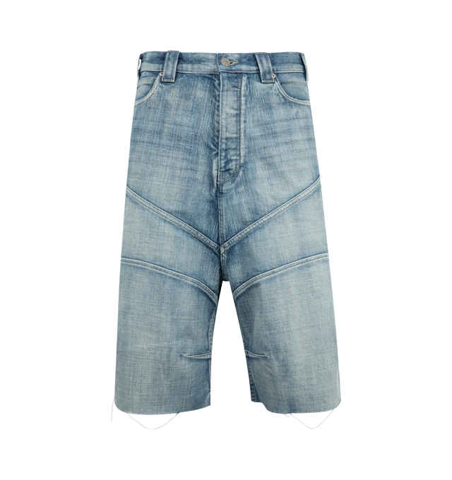 Image 1 of 3 - BLUE - BALENCIAGA Knee Dart Shorts featuring cotton denim, mid-waist, covered button fly, 5 belt loops, 5 pockets, Balenciaga engraved flex buttons, Balenciaga Jeans jacron at back, Raw-cut hem and seams and knee darts. 100% cotton. Made in Italy.