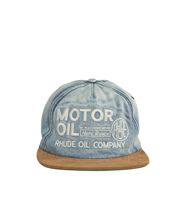 Image 1 of 2 - BLUE - RHUDE Motor Oil Hat featuring designs embroidered on the front, adjustable strap at the back and green under brim. 100% cotton.  