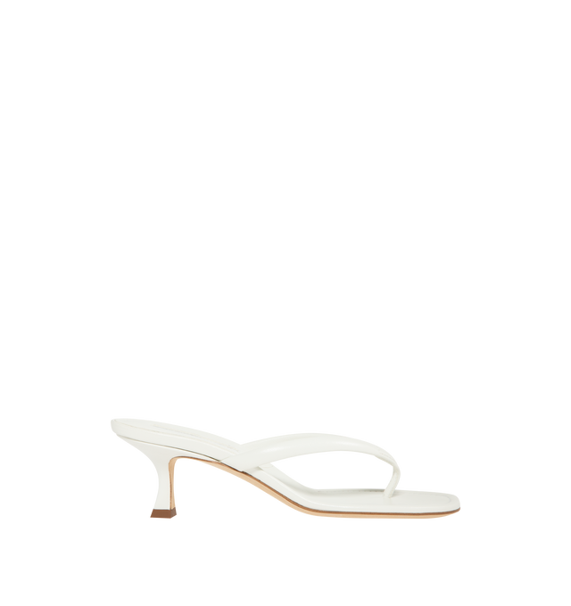 Image 1 of 4 - WHITE - Manolo Blahnik Paterno 50 Leather Sandal featuring nappa leather upper with leather sole, leather lining and footbed, angled round toe with flared kitten heel.Approx 50mm/ 2 inch heel. Made in Italy.