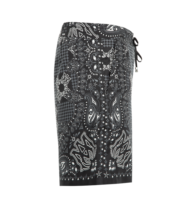 Image 3 of 3 - BLACK - Amiri Mens MA Check Silk Shorts are crafted from silk. Features an elasticized waistband with drawcord, side seam pockets, and all-over MA Check print combining the signature bandana motif with the MA Quad monogram. Main Material: 100% Silk. Made in Turkey.