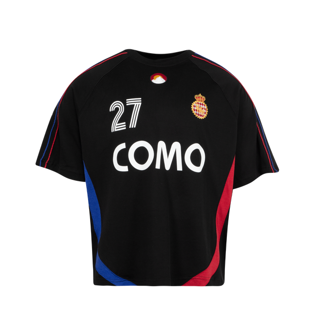 Image 1 of 2 - BLACK - RHUDE 27 Jersey Tee featuring crew neck, short sleeves, striped down side and graphic on front and back.