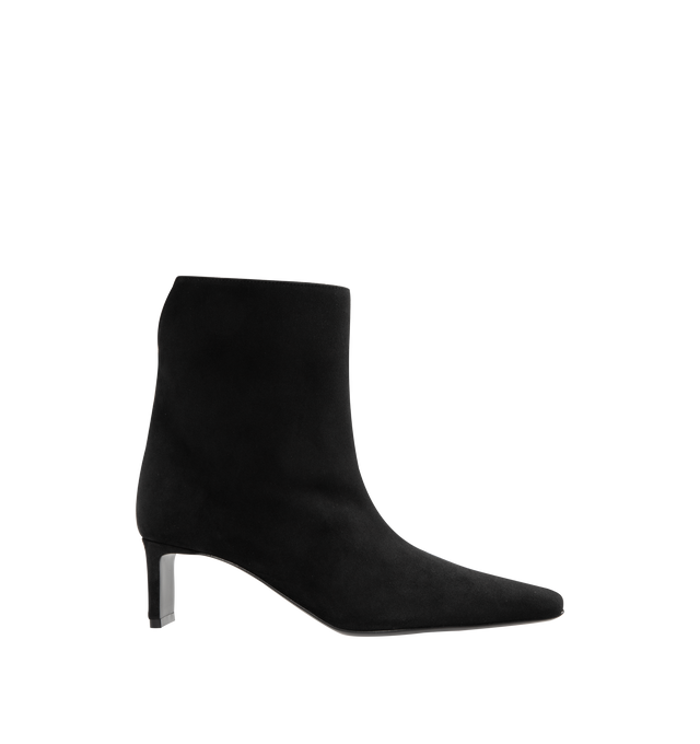 Image 1 of 4 - BLACK - KHAITE Ona Ankle Boot in Suede featuring square-toe, pull on ankle boot in velvety suede with sleek blade heel and tonal outsole. 55mm heel. 100% calfskin. Made in Italy.