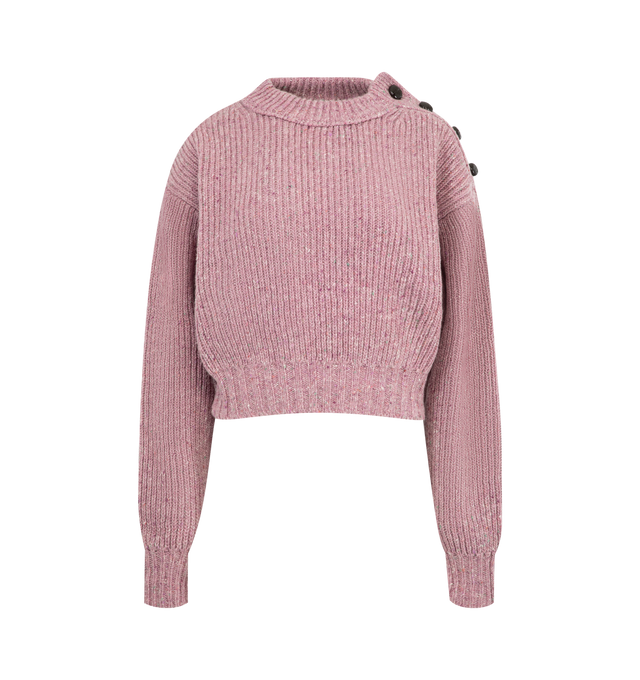 Image 1 of 3 - PINK - CHLOE Cropped Mock-Neck Sweater in Donegal wool featuring shiny leather buttons at the left shoulder, ribbed trims and straight fit. 100% Merino wool. Buttons: 80% Cowhide, 15% Paperboard, 5% Zamak.