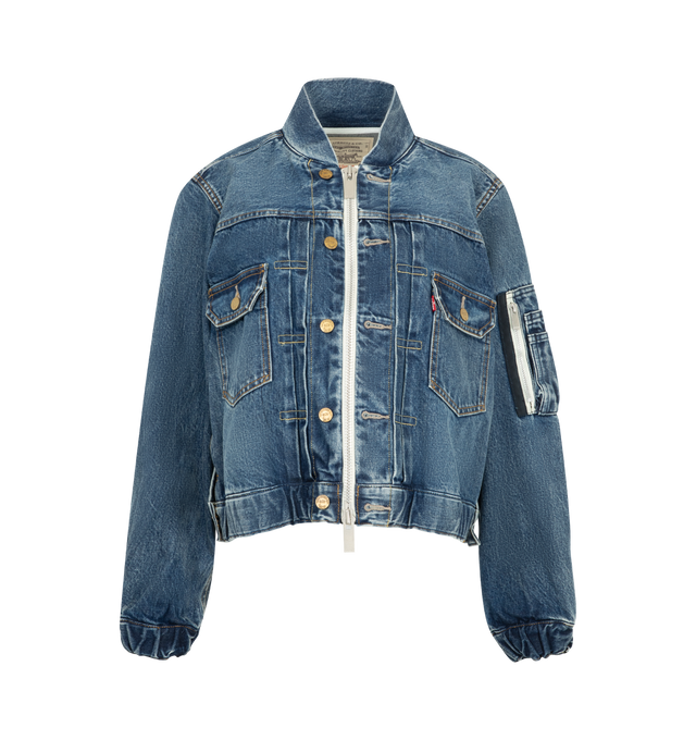 Image 1 of 4 - BLUE - Sacai X Levi's Women's Denim Jacket are crafted from a medium wash cotton denim featuring a deconstructed denim design with a central zipper and utility pocket details on the sleeve. Main Material: 100% Cotton. Made in Japan.