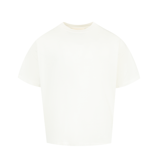 Image 1 of 2 - WHITE - FEAR OF GOD ESSENTIALS Essential Tee featuring rib-knit crewneck, vintage fit to shape more closely to the body with shorter sleeves, embroidered Essentials script logo on front and the Fear of God Essentials label at the back collar. 60% cotton, 40% polyester jersey.