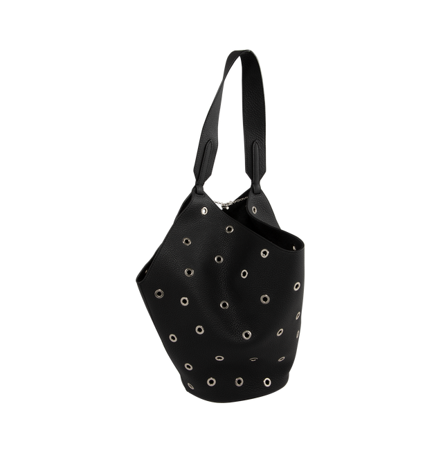 Image 2 of 3 - BLACK - Khaite small lotus tote bag. A scarf-inspired tote designed to be especially lightweight, with rounded base for stability. Studded with grommets. Chain toggle closure at interior. Grained calf leather (100% calfskin). Made in Italy. Measures 18 in length x 14 in width X 8.5 in height with 9 in handle drop.