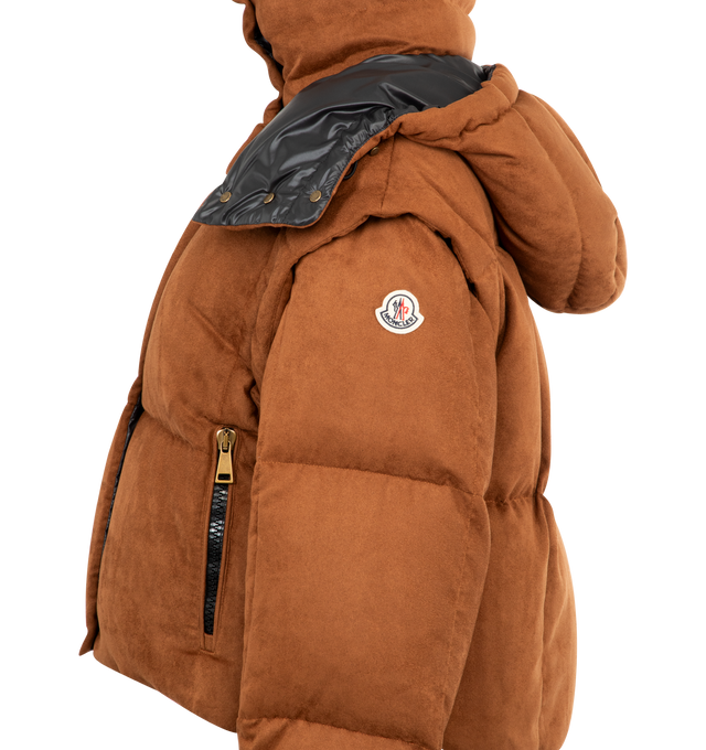 Image 4 of 4 - BROWN - MONCLER Paterne 2-in-1 Hooded Short Down Jacket featuring polyester lining, down-filled, detachable and adjustable hood, detachable sleeves, zipper closure and zipped pockets. 98% polyester, 2% elastane/spandex. Padding: 90% down, 10% feather.