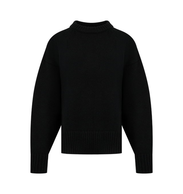 Image 1 of 2 - BLACK - The Row women's Oversized crewneck sweater in midweight wool and cashmere with ribbed neckline, cuffs, and hem, bell-shaped sleeves, and signature center back detail. 65% Wool, 35% Cashmere. Made in Italy.
