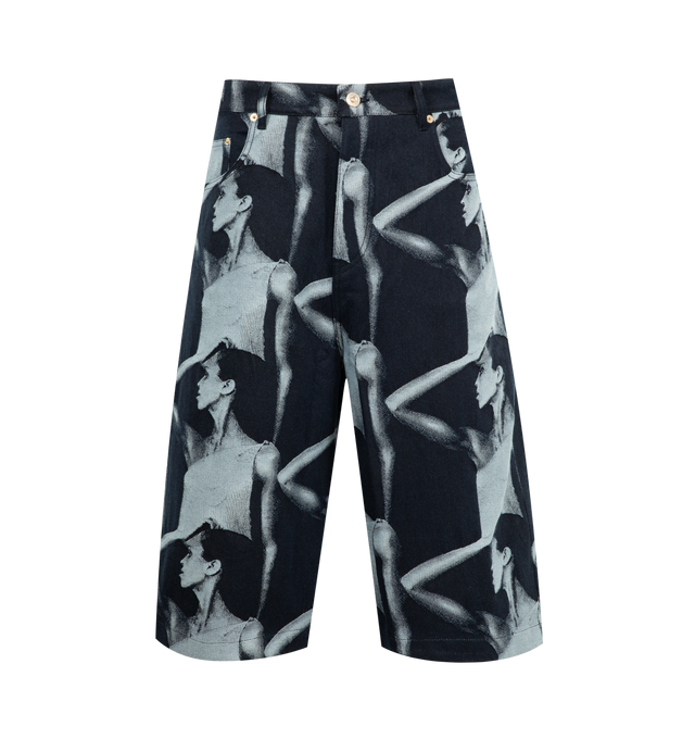 Image 1 of 3 - BLACK - WALES BONNER Jet Zip Shorts featuring straight-fit, denim jacquard, archival image woven into the fabric, below knee length and branded leather patch. 100% cotton.