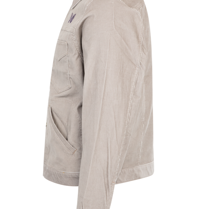 Image 3 of 3 - GREY - Needles Penny Jean Jacket has a spread collar, a press stud front closure, single-button barrel cuffs, patch pockets, and side pockets. 95% cotton, 5% polyurethane. Made in Japan.